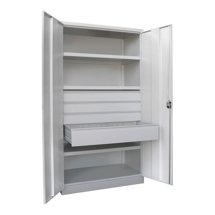 Pavoy Schwerlastschrank, 3 Fachböden a 200 kg, 4 Schubladen, Ral 7035