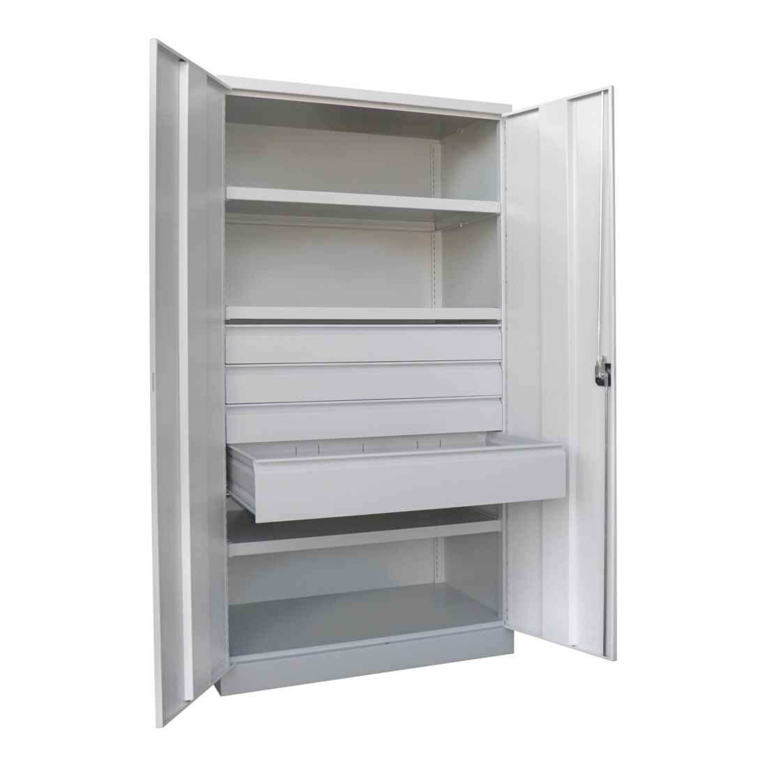 Pavoy Schwerlastschrank, 3 Fachböden a 200 kg, 4 Schubladen, Ral 7035