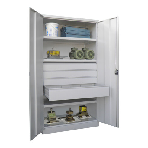 Pavoy Schwerlastschrank, 3 Fachböden a 200 kg, 4 Schubladen, Ral 7035