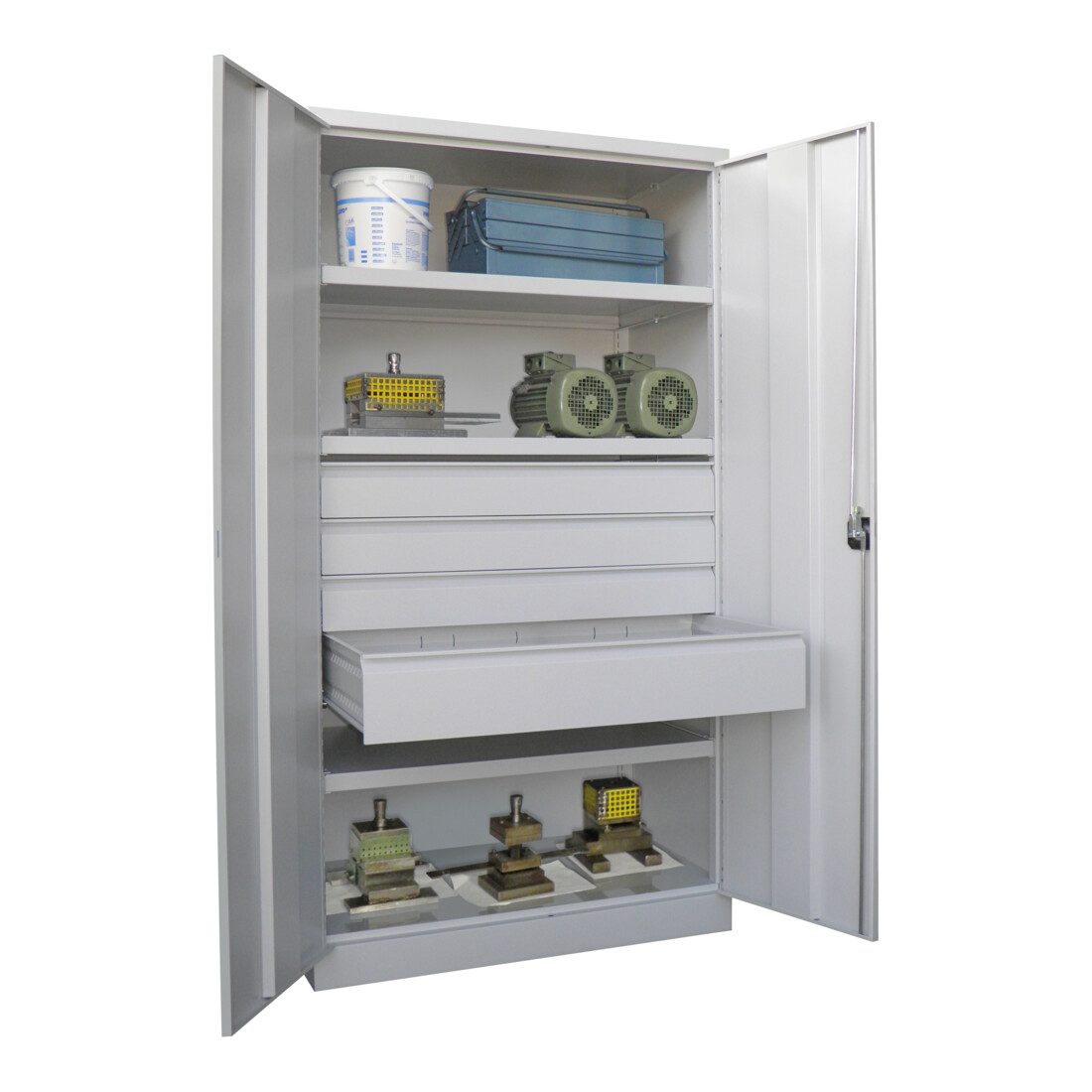 Pavoy Schwerlastschrank, 3 Fachböden a 200 kg, 4 Schubladen, Ral 7035