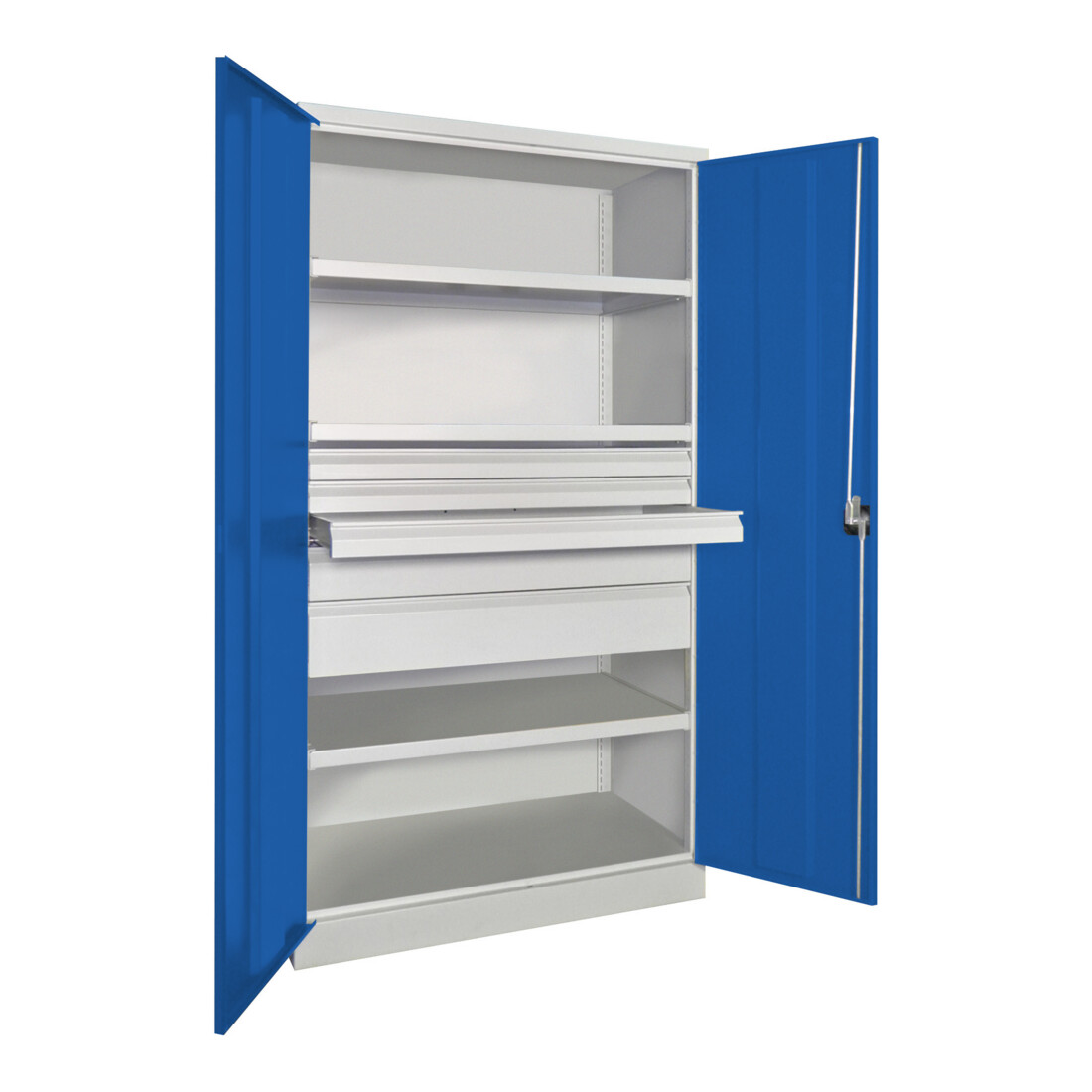 Pavoy Schwerlastschrank, 3 Fachböden a 200 kg, 5 Schubladen, RAL 7035/5010