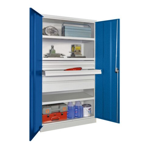 Pavoy Schwerlastschrank, 3 Fachböden a 200 kg, 5 Schubladen, RAL 7035/5010
