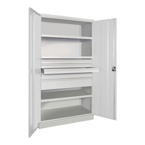 Pavoy Schwerlastschrank, 3 Fachböden a 200 kg, 5 Schubladen, RAL 7035