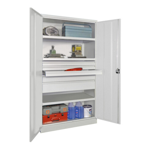 Pavoy Schwerlastschrank, 3 Fachböden a 200 kg, 5 Schubladen, RAL 7035