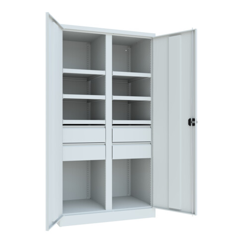 Pavoy Schwerlastschrank, Trennwand, 6 Fachböden a 120 kg, 4 Schubladen, RAL 7035