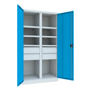 Pavoy Schwerlastschrank, Trennwand, 6 Fachböden a 120 kg, 4 Schubladen, RAL 7035/5012-3