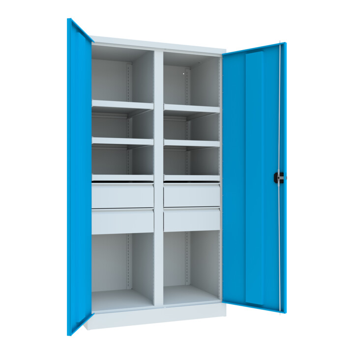 Pavoy Schwerlastschrank, Trennwand, 6 Fachböden a 120 kg, 4 Schubladen, RAL 7035/5012