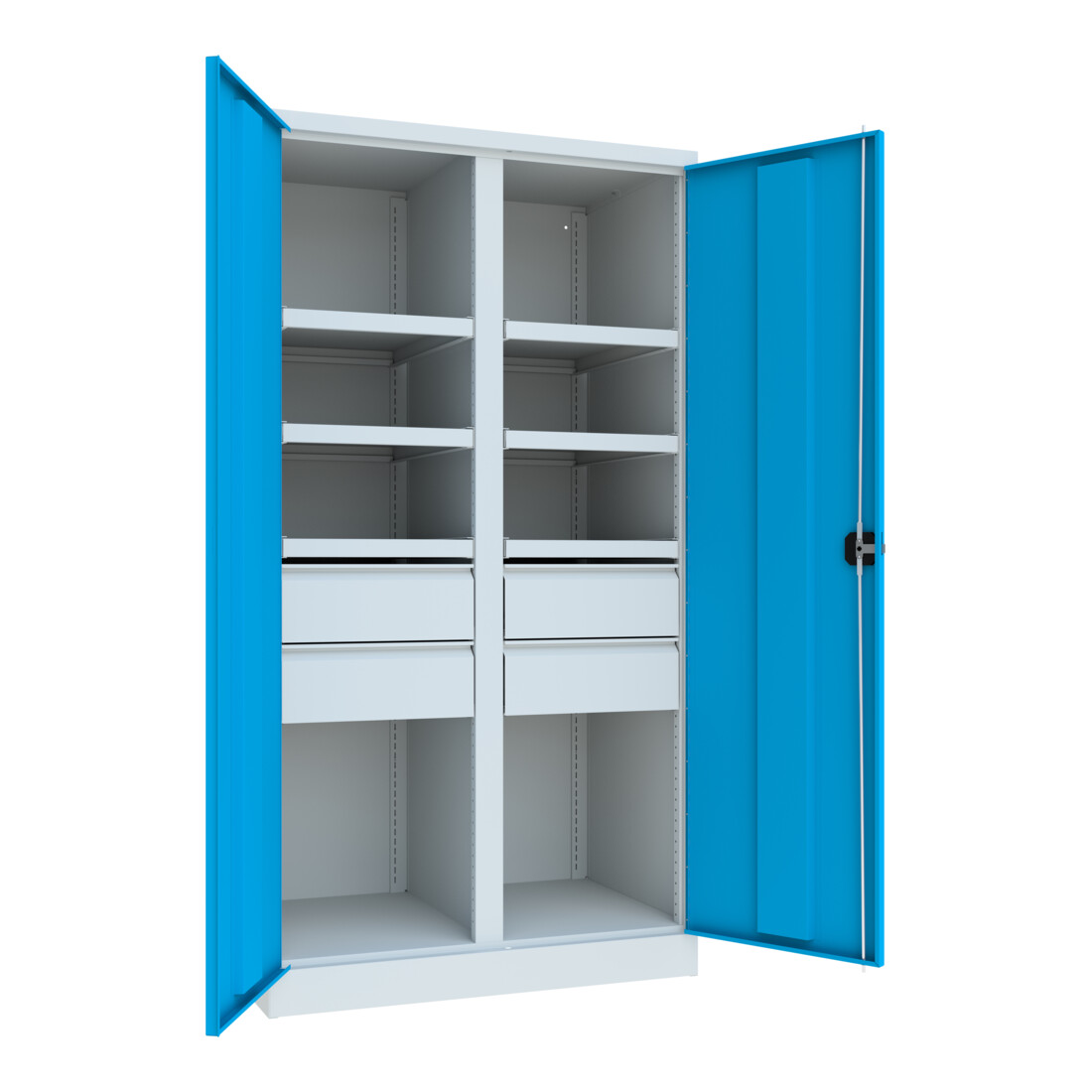Pavoy Schwerlastschrank, Trennwand, 6 Fachböden a 120 kg, 4 Schubladen, RAL 7035/5012