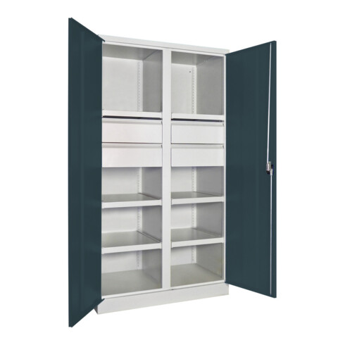 Pavoy Schwerlastschrank, Trennwand, 6 Fachböden a 120 kg, 4 Schubladen, RAL 7035/7016