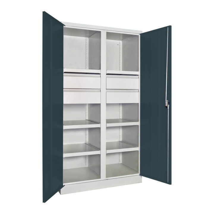 Pavoy Schwerlastschrank, Trennwand, 6 Fachböden a 120 kg, 4 Schubladen, RAL 7035/7016