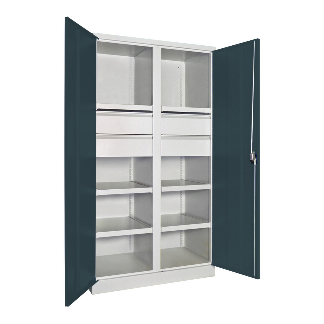 Pavoy Schwerlastschrank, Trennwand, 6 Fachböden a 120 kg, 4 Schubladen, RAL 7035/7016