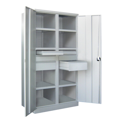 Pavoy Schwerlastschrank, Trennwand, 6 Fachböden a 120 kg, 6 Schubladen, RAL 7035