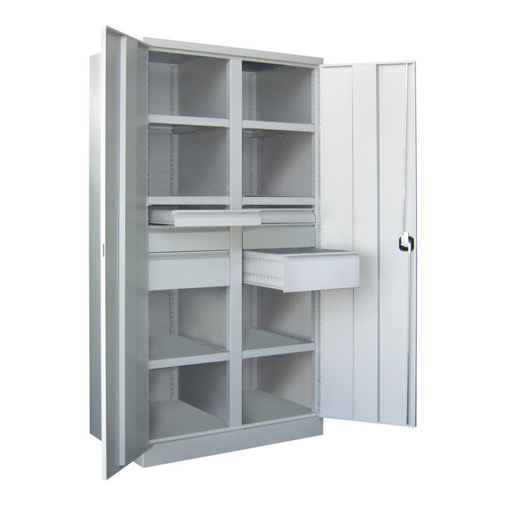 Pavoy Schwerlastschrank, Trennwand, 6 Fachböden a 120 kg, 6 Schubladen, RAL 7035