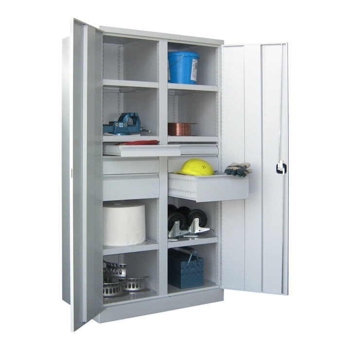 Pavoy Schwerlastschrank, Trennwand, 6 Fachböden a 120 kg, 6 Schubladen, RAL 7035