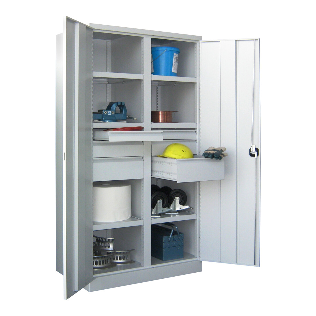 Pavoy Schwerlastschrank, Trennwand, 6 Fachböden a 120 kg, 6 Schubladen, RAL 7035