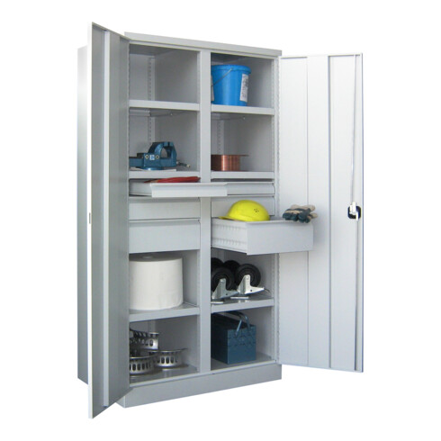 Pavoy Schwerlastschrank, Trennwand, 6 Fachböden a 120 kg, 6 Schubladen, RAL 7035