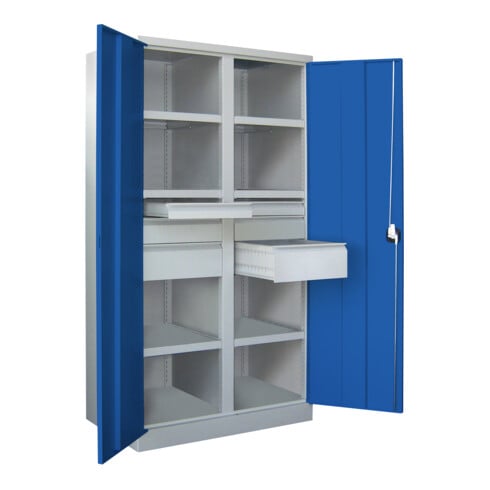 Pavoy Schwerlastschrank, Trennwand, 6 Fachböden a 120 kg, 6 Schubladen, RAL 7035/5010