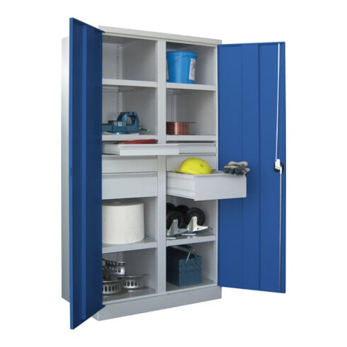 Pavoy Schwerlastschrank, Trennwand, 6 Fachböden a 120 kg, 6 Schubladen, RAL 7035/5010