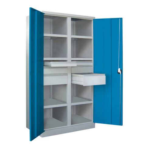 Pavoy Schwerlastschrank, Trennwand, 6 Fachböden a 120 kg, 6 Schubladen, RAL 7035/5012