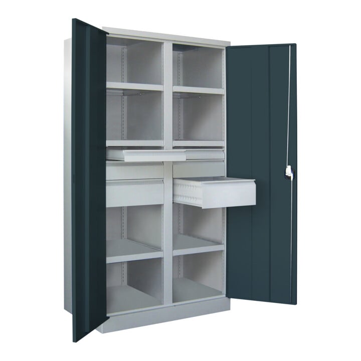 Pavoy Schwerlastschrank, Trennwand, 6 Fachböden a 120 kg, 6 Schubladen, RAL 7035/7016