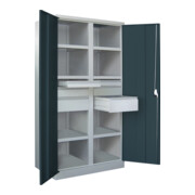 Pavoy Schwerlastschrank, Trennwand, 6 Fachböden a 120 kg, 6 Schubladen, RAL 7035/7016-4