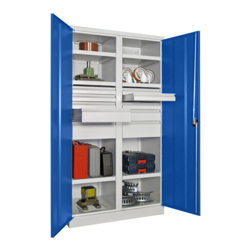 Pavoy Schwerlastschrank, Trennwand, 6 Fachböden a 200 kg, 10 Schubladen, RAL 7035/5010