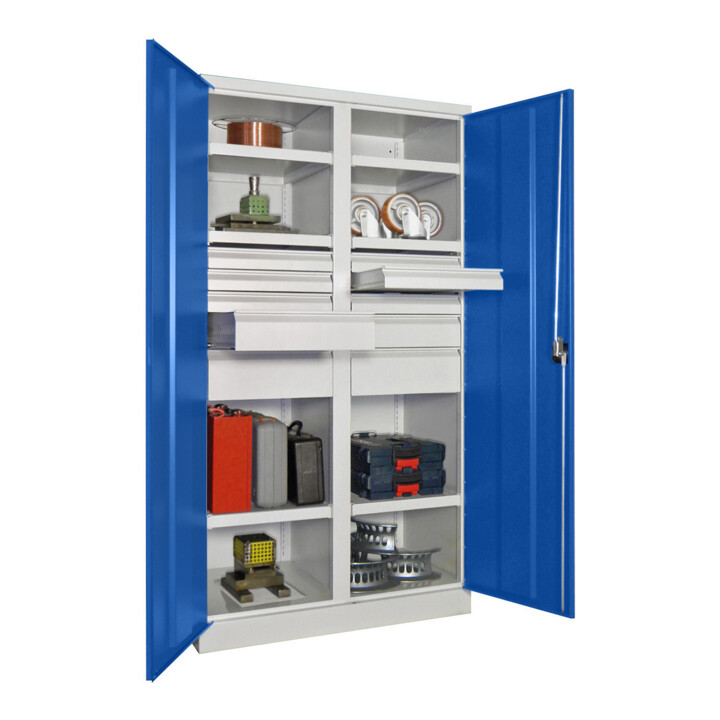 Pavoy Schwerlastschrank, Trennwand, 6 Fachböden a 200 kg, 10 Schubladen, RAL 7035/5010