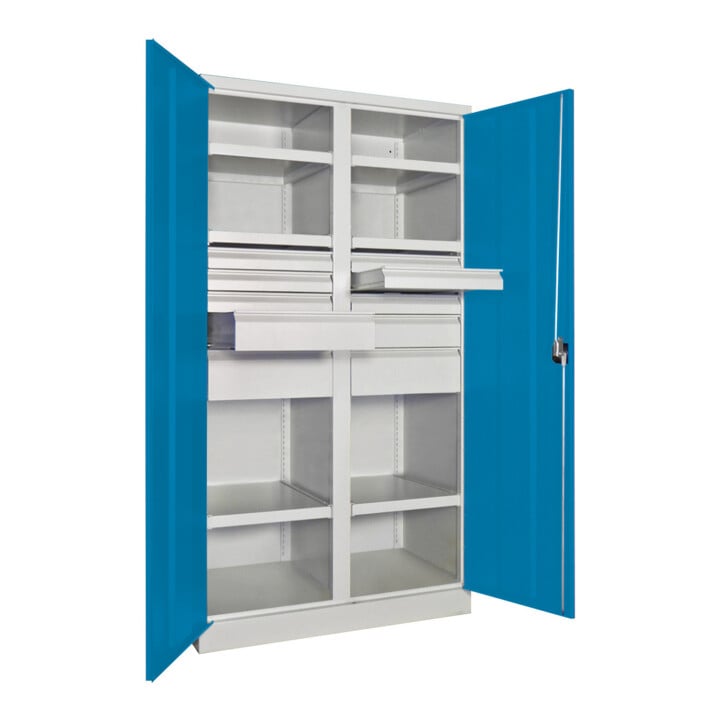 Pavoy Schwerlastschrank, Trennwand, 6 Fachböden a 200 kg, 10 Schubladen, RAL 7035/5012