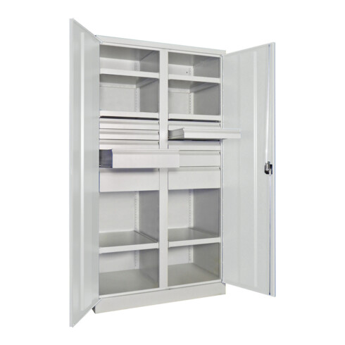 Pavoy Schwerlastschrank, Trennwand, 6 Fachböden a 200 kg, 10 Schubladen, RAL 7035