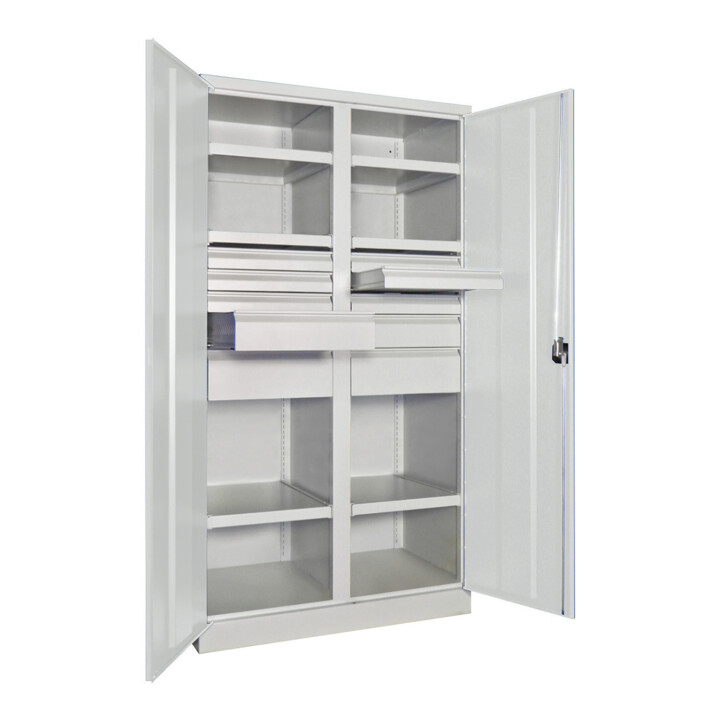 Pavoy Schwerlastschrank, Trennwand, 6 Fachböden a 200 kg, 10 Schubladen, RAL 7035