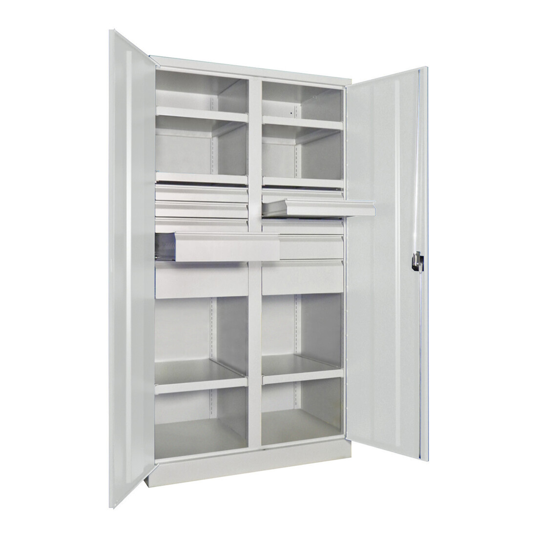 Pavoy Schwerlastschrank, Trennwand, 6 Fachböden a 200 kg, 10 Schubladen, RAL 7035