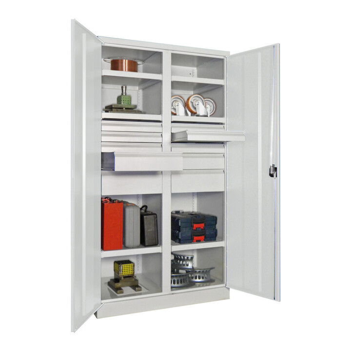 Pavoy Schwerlastschrank, Trennwand, 6 Fachböden a 200 kg, 10 Schubladen, RAL 7035