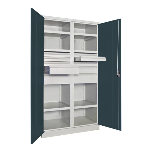 Pavoy Schwerlastschrank, Trennwand, 6 Fachböden a 200 kg, 10 Schubladen, RAL 7035/7016