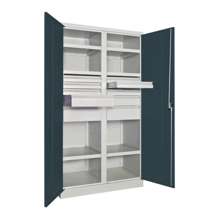 Pavoy Schwerlastschrank, Trennwand, 6 Fachböden a 200 kg, 10 Schubladen, RAL 7035/7016