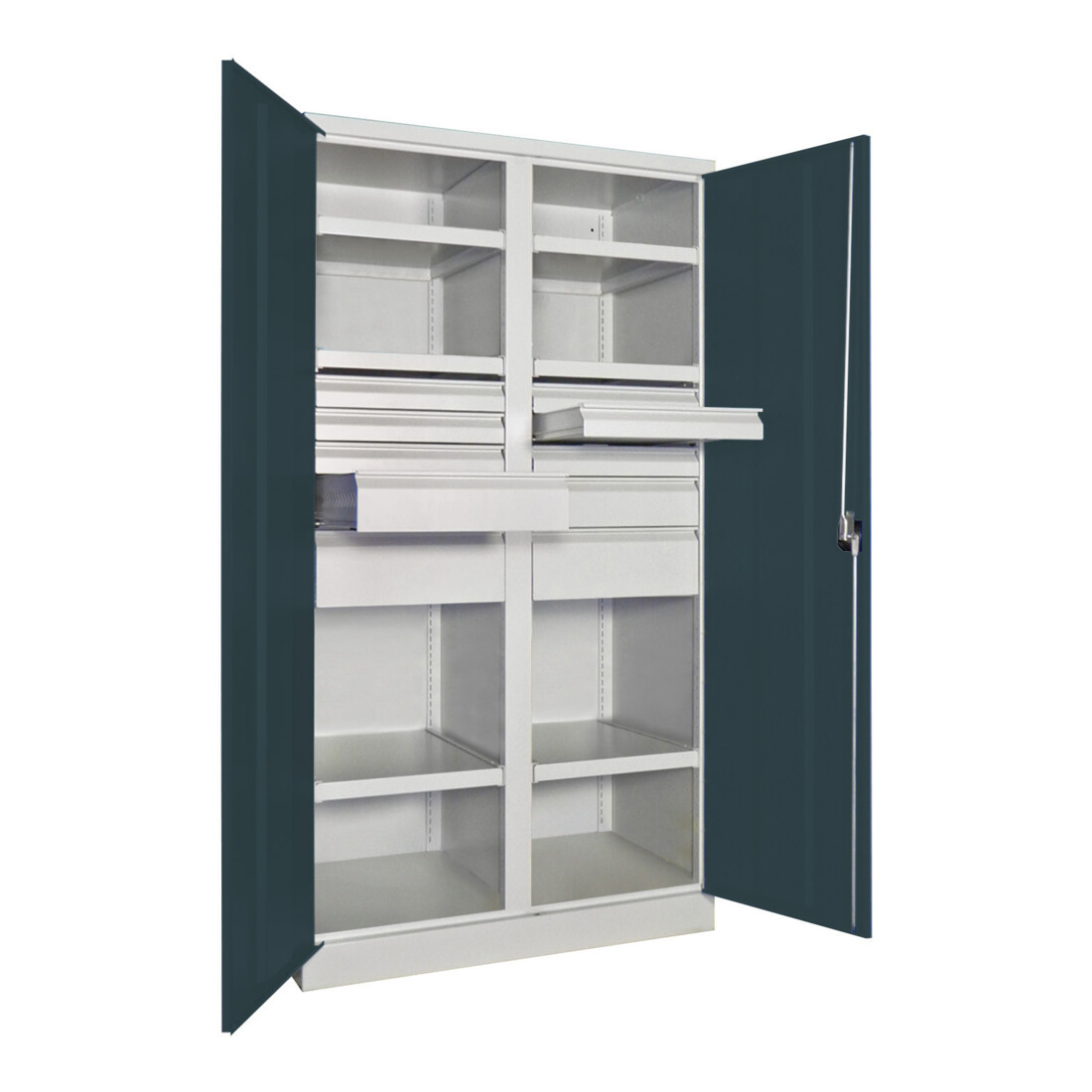 Pavoy Schwerlastschrank, Trennwand, 6 Fachböden a 200 kg, 10 Schubladen, RAL 7035/7016