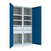 Pavoy Schwerlastschrank, Trennwand, 6 Fachböden a 200 kg, 4 Schubladen, RAL 7035/5010-2