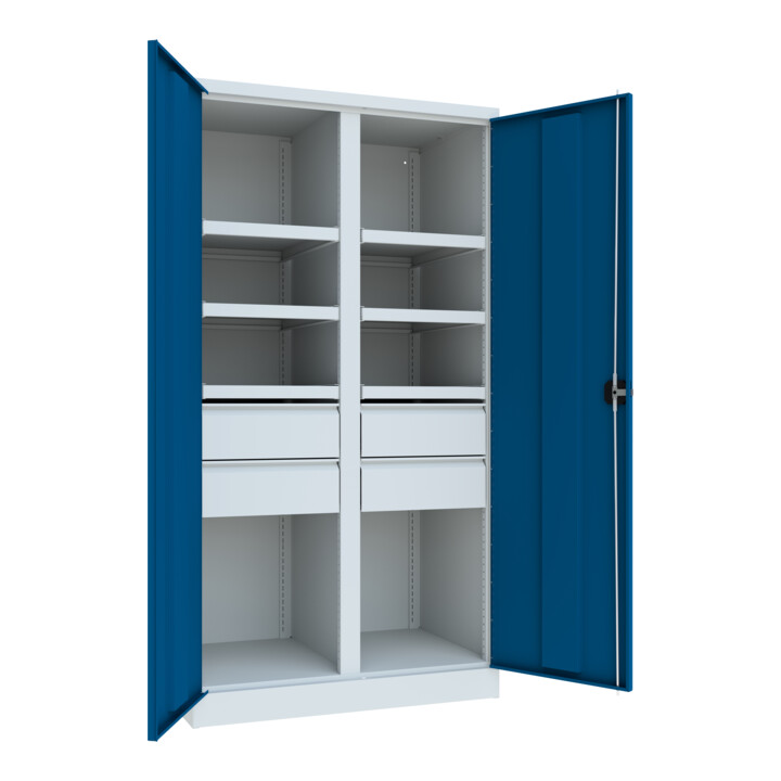 Pavoy Schwerlastschrank, Trennwand, 6 Fachböden a 200 kg, 4 Schubladen, RAL 7035/5010