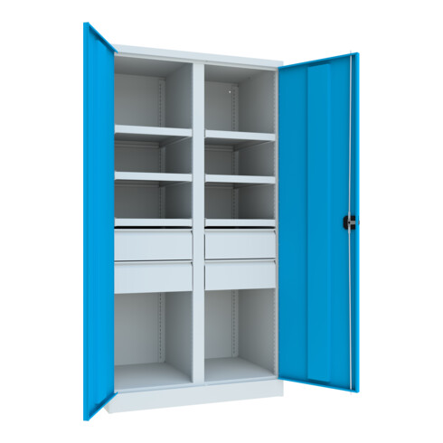 Pavoy Schwerlastschrank, Trennwand, 6 Fachböden a 200 kg, 4 Schubladen, RAL 7035/5012