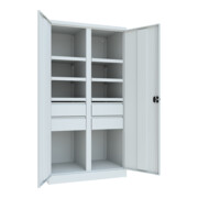 Pavoy Schwerlastschrank, Trennwand, 6 Fachböden a 200 kg, 4 Schubladen, RAL 7035-2