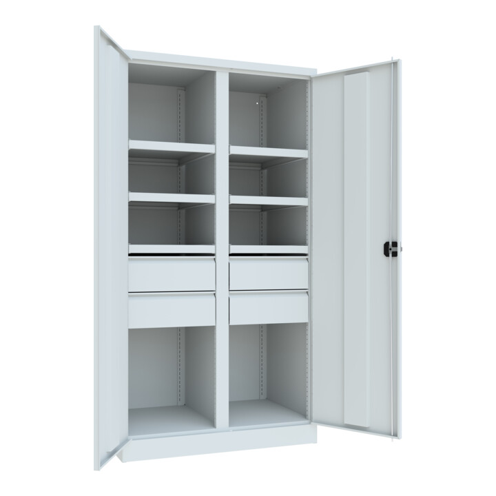 Pavoy Schwerlastschrank, Trennwand, 6 Fachböden a 200 kg, 4 Schubladen, RAL 7035