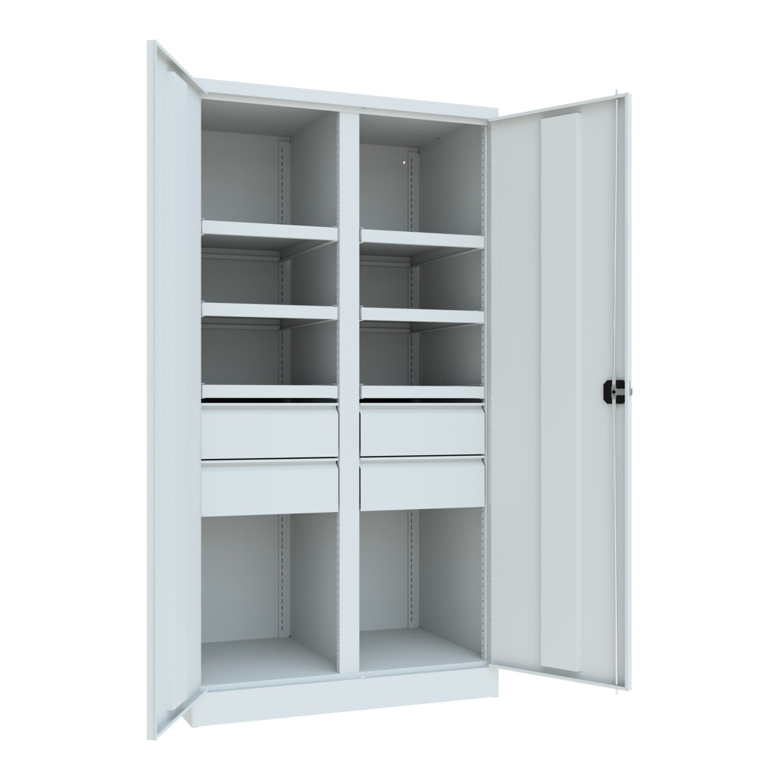 Pavoy Schwerlastschrank, Trennwand, 6 Fachböden a 200 kg, 4 Schubladen, RAL 7035