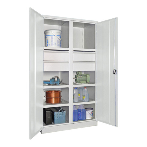 Pavoy Schwerlastschrank, Trennwand, 6 Fachböden a 200 kg, 4 Schubladen, RAL 7035