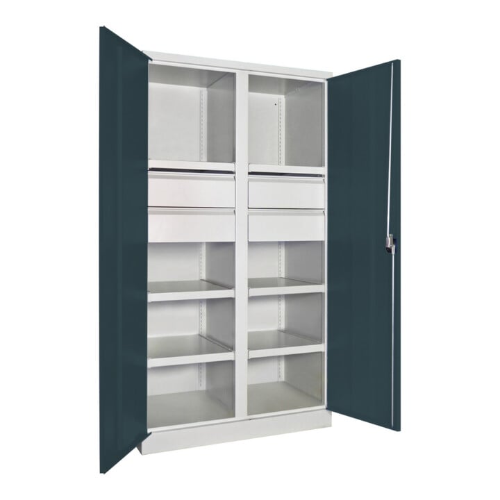 Pavoy Schwerlastschrank, Trennwand, 6 Fachböden a 200 kg, 4 Schubladen, RAL 7035/7016