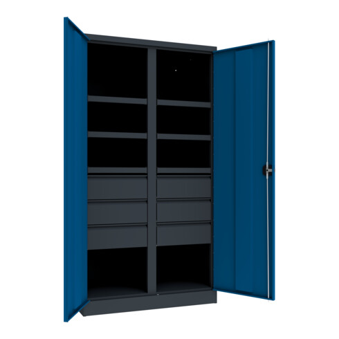 Pavoy Schwerlastschrank, Trennwand, 6 Fachböden a 200 kg, 6 Schubladen, RAL 7035/5010