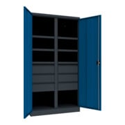 Pavoy Schwerlastschrank, Trennwand, 6 Fachböden a 200 kg, 6 Schubladen, RAL 7035/5010-2