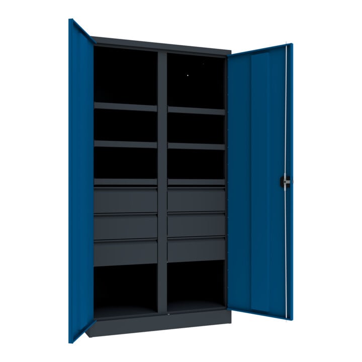 Pavoy Schwerlastschrank, Trennwand, 6 Fachböden a 200 kg, 6 Schubladen, RAL 7035/5010