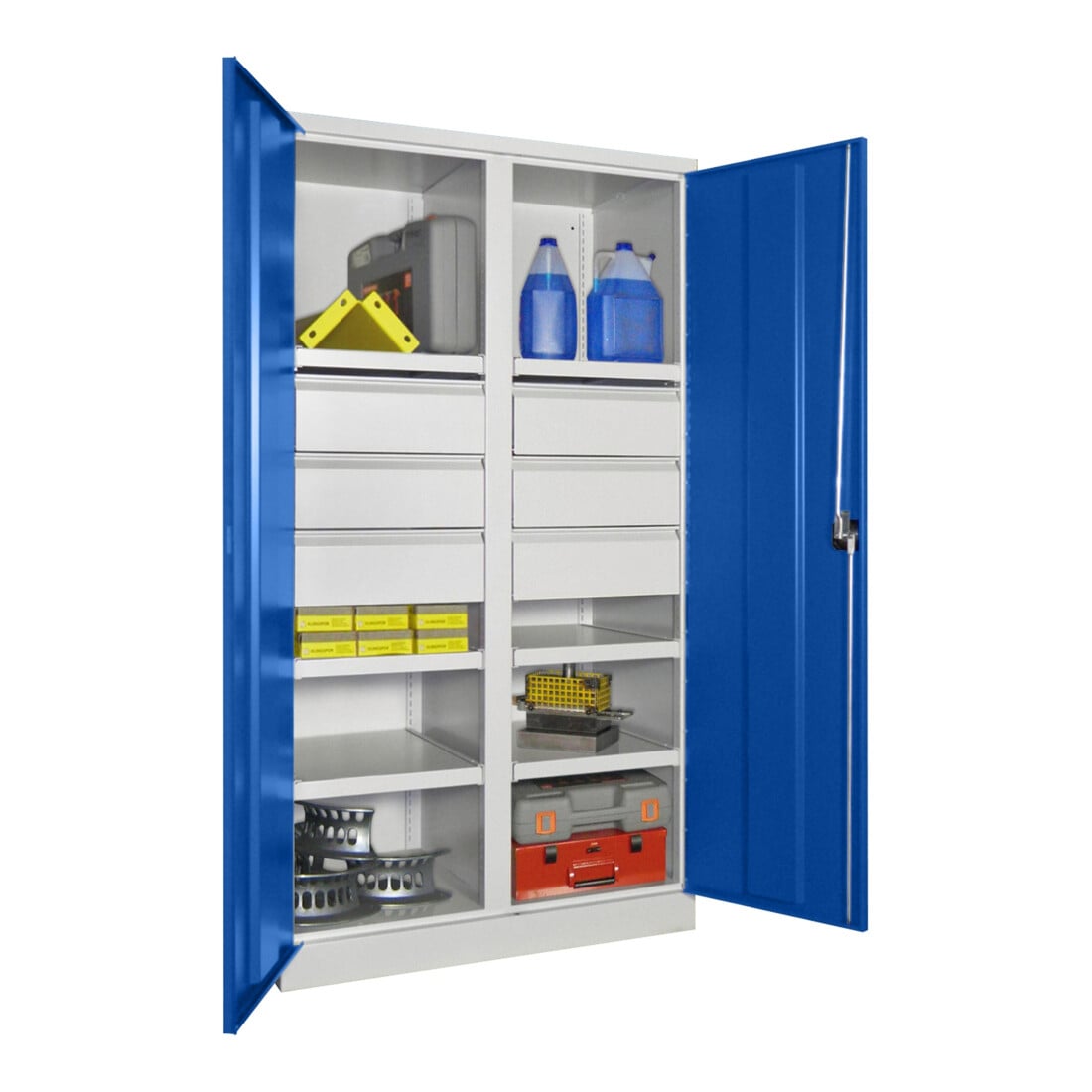 Pavoy Schwerlastschrank, Trennwand, 6 Fachböden a 200 kg, 6 Schubladen, RAL 7035/5010