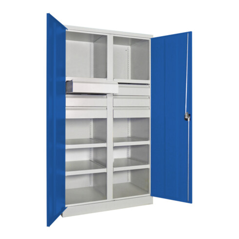 Pavoy Schwerlastschrank, Trennwand, 6 Fachböden a 200 kg, 6 Schubladen, RAL 7035/5010