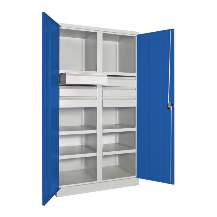 Pavoy Schwerlastschrank, Trennwand, 6 Fachböden a 200 kg, 6 Schubladen, RAL 7035/5010