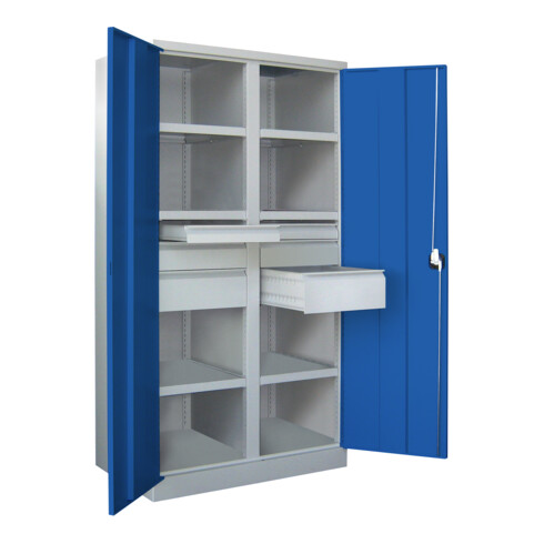 Pavoy Schwerlastschrank, Trennwand, 6 Fachböden a 200 kg, 6 Schubladen, RAL 7035/5010